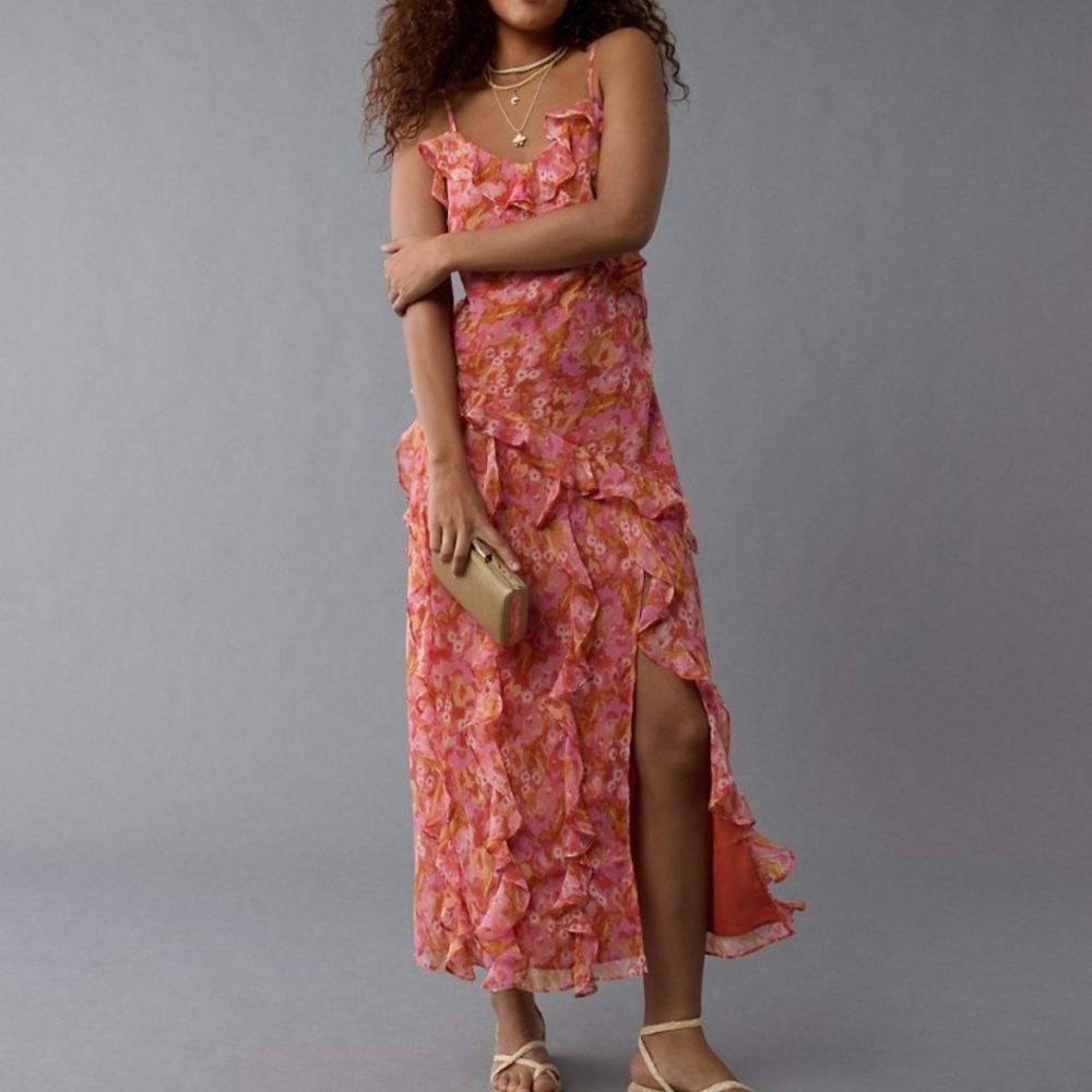 AE - Like New Asymmetrical Ruffle Maxi Slip  Dress - L